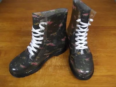 $19.95 • Buy Bongo Cameroon Womens Sz 8 Vinyl Lace Up Rubber Combat Boots Floral Print Shoes