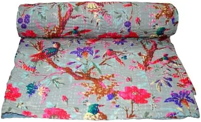 Bird PrintedCotton Handmade Kantha Bedspread Indian Quilt Throw Blanket All Size • £79.18