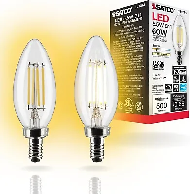 Satco S21274 - 5.5 Watt B11 LED Light Bulb - 3000K - 90CRI - 120 Volt (2 Pack) • $14.99