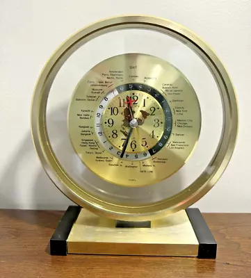 Vtg Elgin Quarts World Clock Round Gold Tone Metal Mantle Desk Top GMT • $102.75