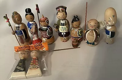 Rare 7 Lucky Gods Of Happiness Japanese. Nodder Kokeshi Doll Set & Erasers FREE • $75