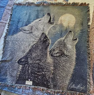 Full Moon Loom Wolf Howling Blanket Throw 54x54 Lap Woven Square USA Made • $29.97