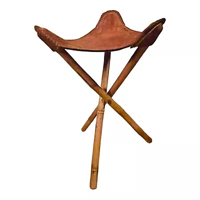 Tooled Brown Leather Folding Chair 3 Legged Portable Stool • $100.50