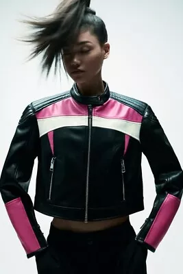 $99.95 • Buy Zara Faux Leather Zippered Motorcycle Jacket Black Fuschia Pink NWT SOLD OUT