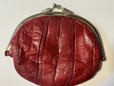 Vintage Double Kiss Lock Coin Purse - Red Eel Skin Leather • $14