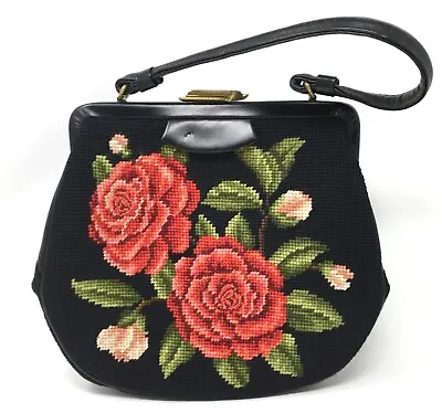 Vintage Needlepoint Purse Handbag Black Large Roses Classic 1960s Designer Style • $75