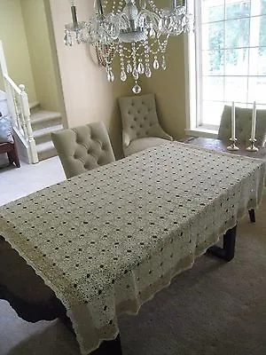 $69.99 • Buy Hand Crocheted Off White / With A Light Brown Border Tablecloth 72  X 62  #150