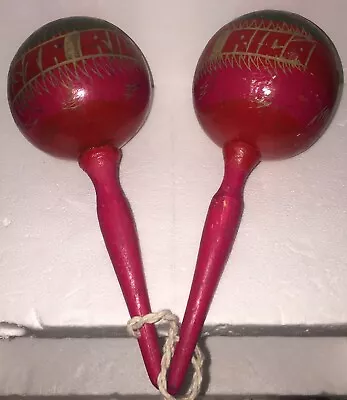 Pair Of Vintage Hand Carved Gourd Maracas From Costa Rica Red Green • $25