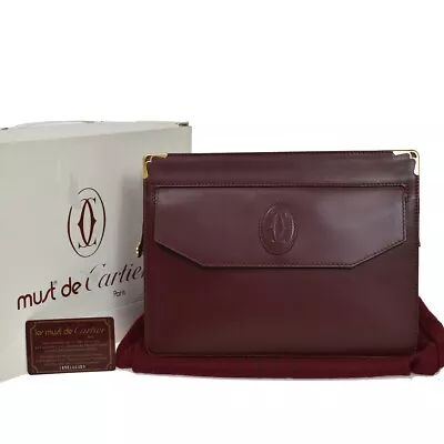 Must De Cartier 2C Clutch Hand Bag Leather Bordeaux Gold-Plated 01YB321 • $131.04
