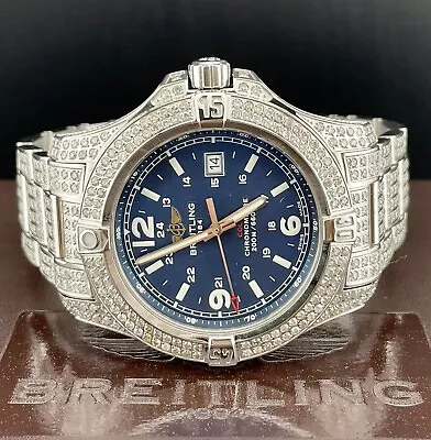 Breitling Colt Mens 44mm Iced 10ct Diamonds Blue Dial Steel Quartz Watch A74388 • $7999