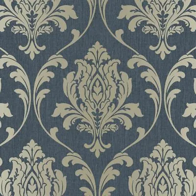 Rasch Highgrove Duplex Navy Gold Damask Wallpaper - 274997 • £8.99