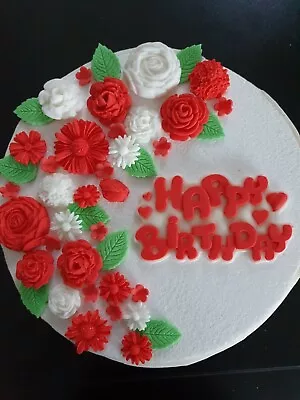 Edible Sugar Paste Fondant Flowers & Happy Birthday Plaque White & Red Mixture • £12