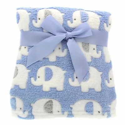 Elephant Baby Blanket Wrap Blue & White 75 X 100 CM Soft Plush By Snuggle Baby • £9.95