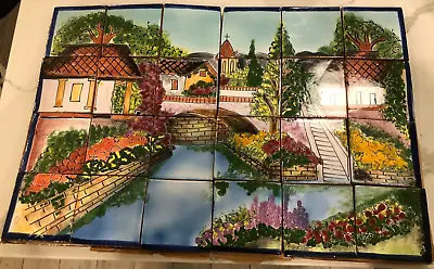 Ceramic 24 Piece Mexican Mural Tile Backsplash Of Bridge In Traditional Village • $110