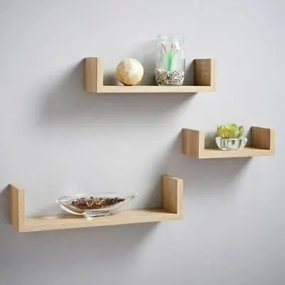 Set Of 3 U Shape Floating Wall Shelves Shelf Storage Display White Black Oak • £10.99