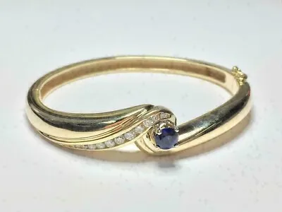 3Ct Vintage Blue Sapphire & Diamonds 14k Yellow Gold Over 7  Bangle Bracelet • $134.99