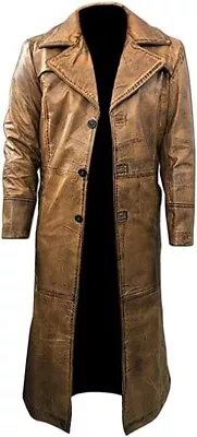 Brown Leather Trench Coat Men's Full Length Leather Duster Coat For Men Long • $109.99