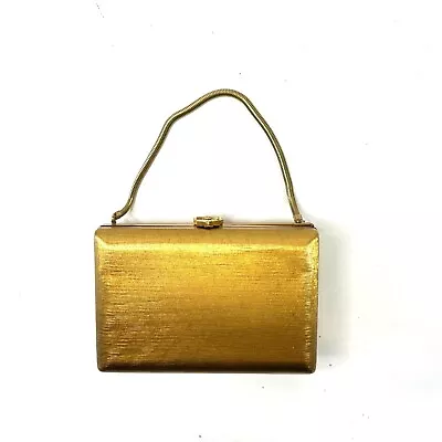 Vintage Volupte Metallic Gold Hard Shell Evening Purse Make Up Compact Buckle • $34.20