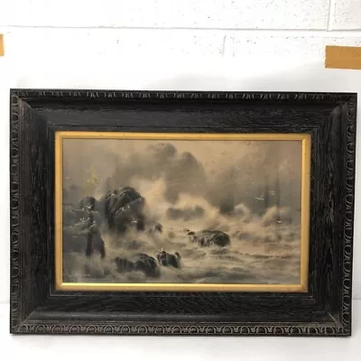 £6.99 • Buy Ezra Elmer Keene Art Print Stormy Sea Seagulls Black White Framed Display CP