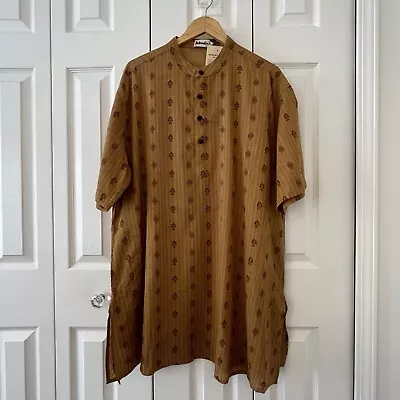 NWT Fabindia Mens Kurta Mustard Pattern 46 XL 100% Cotton Tunic Long Comfort Fit • $23.50