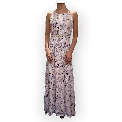 Silver Wishes Ladies Womens White Violet Floral Rayon Boho Maxi Dress  Sz 10 • $25