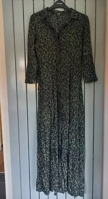 Zara Small Khaki Green Leopard Print Maxi Shirt Dress • £20