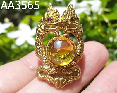 Brass Yellow Naga Eye 2 Serpent Snake Buddha Relic Thai Amulet Ring 6.5 US #3565 • $35.02