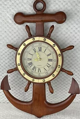 Vintage Large Wood Anchor And Boat Wheel Wall Clock Nautical Theme Home Decor • $159.99