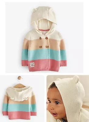 Baby Girls FAT FACE Hooded Cardigan Bear Ears Pink Cream Cotton Knitted Jacket • £8.95