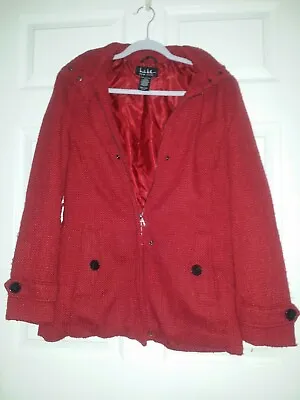 Nicole Miller Red Faux Wool Overcoat Size M 700140351061 Ruby Peacoat Hooded • $24.95