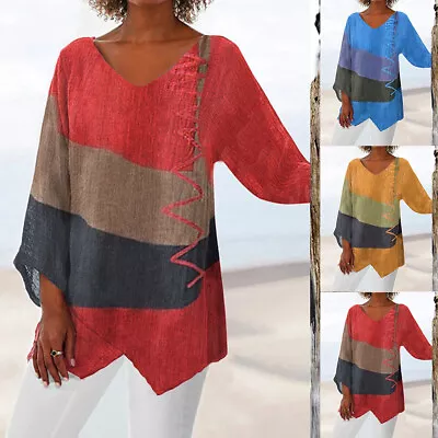 Plus Size Womens Boho V Neck Tunic Tops Long Sleeve Casual Loose Blouse T Shirt • $18.79