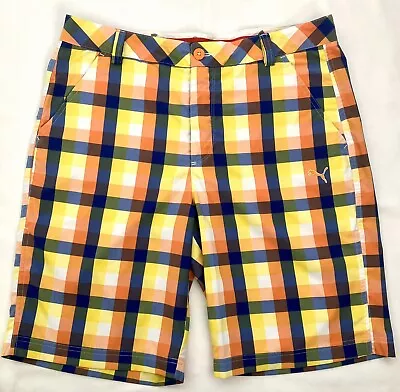Mens Puma Orange Blue White Plaid Dry Cell Golf Shorts Size 34 • $5.50