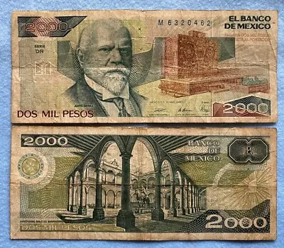ONE CIRCULATED Mexico Banknote 2000 Pesos Paper Money Mexican Bills 2 Mil Pesos • $4.98
