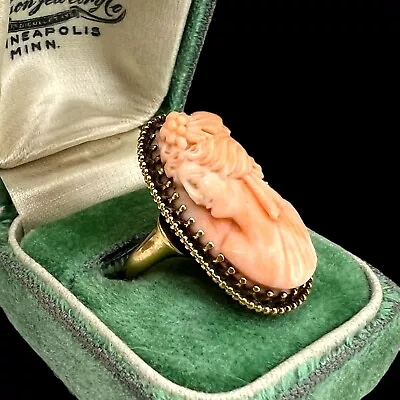 Antique Vintage Nouveau 18k Yellow Gold Carved Coral Cameo Band Ring S 4.5 5.4g • $152.50
