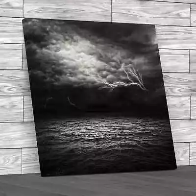 Lightning Rough Seascape Square Canvas Print Large Picture Wall Art • £18.95