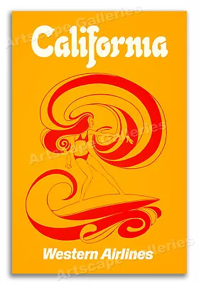$17.95 • Buy California! 1970s Western Airlines Vintage Travel Surfing Poster - 20x30