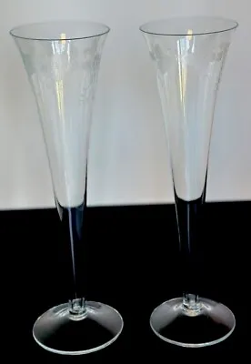 Vintage Toasting Champagne Flutes Set Of 2 Etched Vines 10” Tall Hollow Stem • $22.78