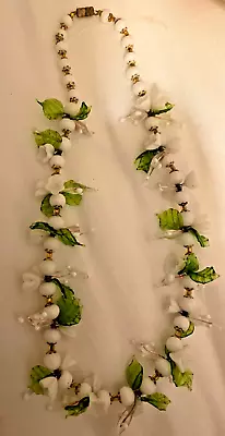 Murano Venetian  Vintage Glass Necklace-white Flowers & Green Leaves • $80