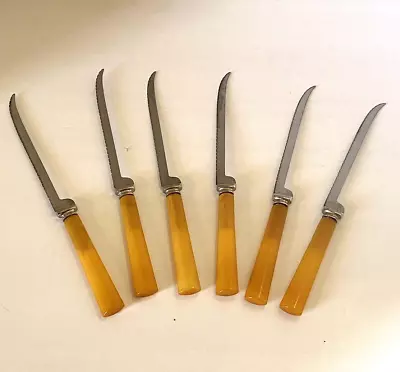 Lot 6 Vintage Tomato And Steak Knives Butterscotch Bakelite Handles Stainless • $19.95