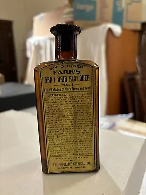 FARR'S GRAY HAIR RESTORER No 1 With Label Druggist Medicine Bottle Amber Corked • $35