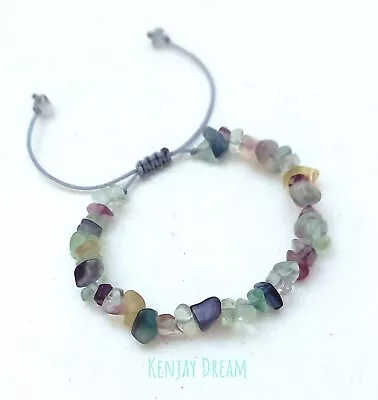 Rainbow Fluorite Beaded Bracelet Gemstone Grey Cord Stacking Adjustable • £5.50