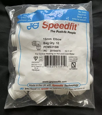 £29.95 • Buy 2x 10 Pack John Guest Speedfit 15mm White Elbows Push Fit  Plumbing Bends