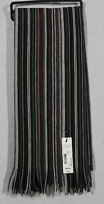 J. FERRER MENS STRIPED SCARF WITH FRINGE SIZE 70  X 12  GREY/BLACK/BURGUNDY NWT • $29.99