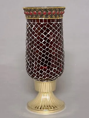 Candle Holder Brass Brown Mosaic Glass Shade  4 D X 10.5 H  FREE SHIPPING • $21.96