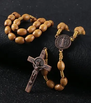 St Saint Benedict (The Protector) Wood Bead Holy Catholic Rosary Copper Crucifix • $6.49