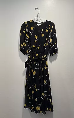 Joie Size Size XS Floral Print Ervina MIDI Dress Silk Black Belted V Neck • $43.99