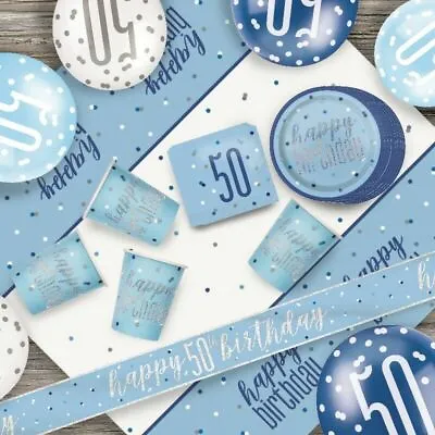 Glitz Blue 50th Birthday Party Tableware Decoration Plates Banners Candle Age 50 • £4.97
