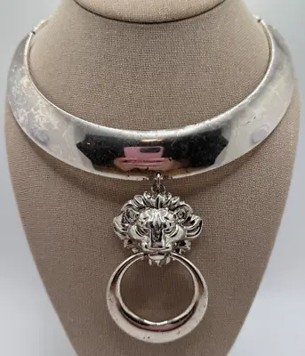 Vintage Anne Klein Silver Tone Lion Door Knocker Collar Choker Necklace • $169.99