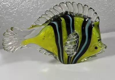 Murano-STYLE Art Glass Fish Paperweight Figurine Blue Black Yellow Striped • $14.99