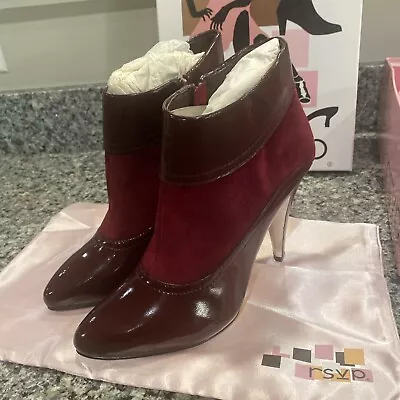 🔥 RSVP  Burgundy Patent Leather & Suede Silhouette Heal Ankle Boots WOW! Size 7 • $15